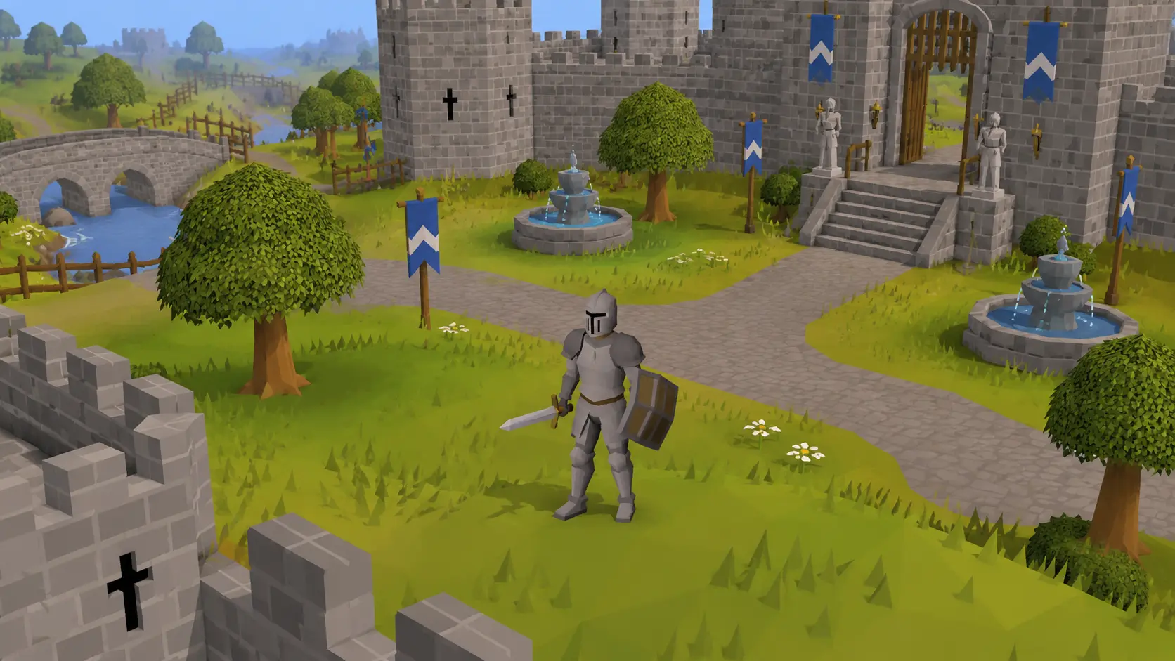 Ironman adventurer in a castle courtyard, an OSRS-inspired beginner guide illustration